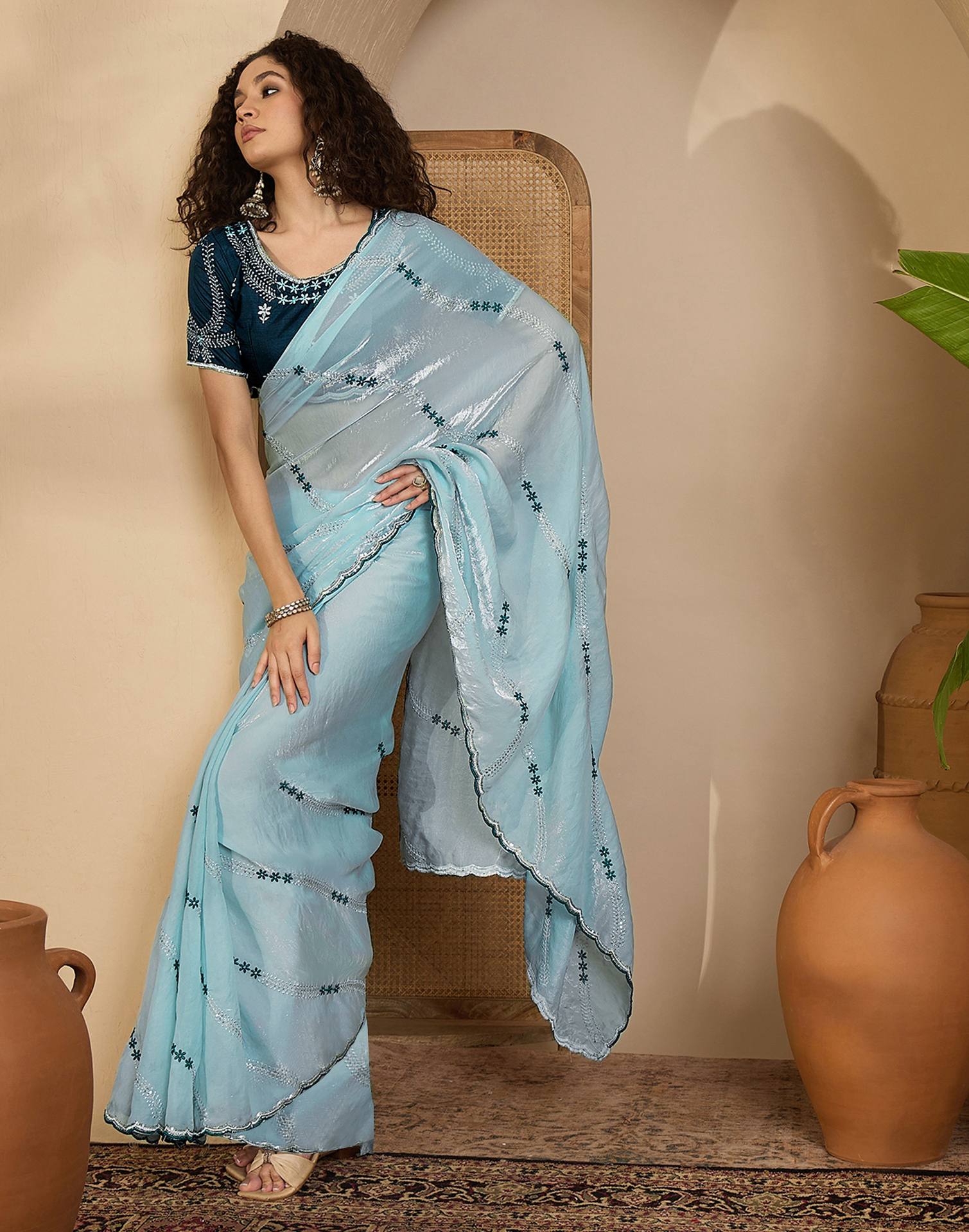 Sky Blue Shimmer Tissue Sequence Embroidery saree