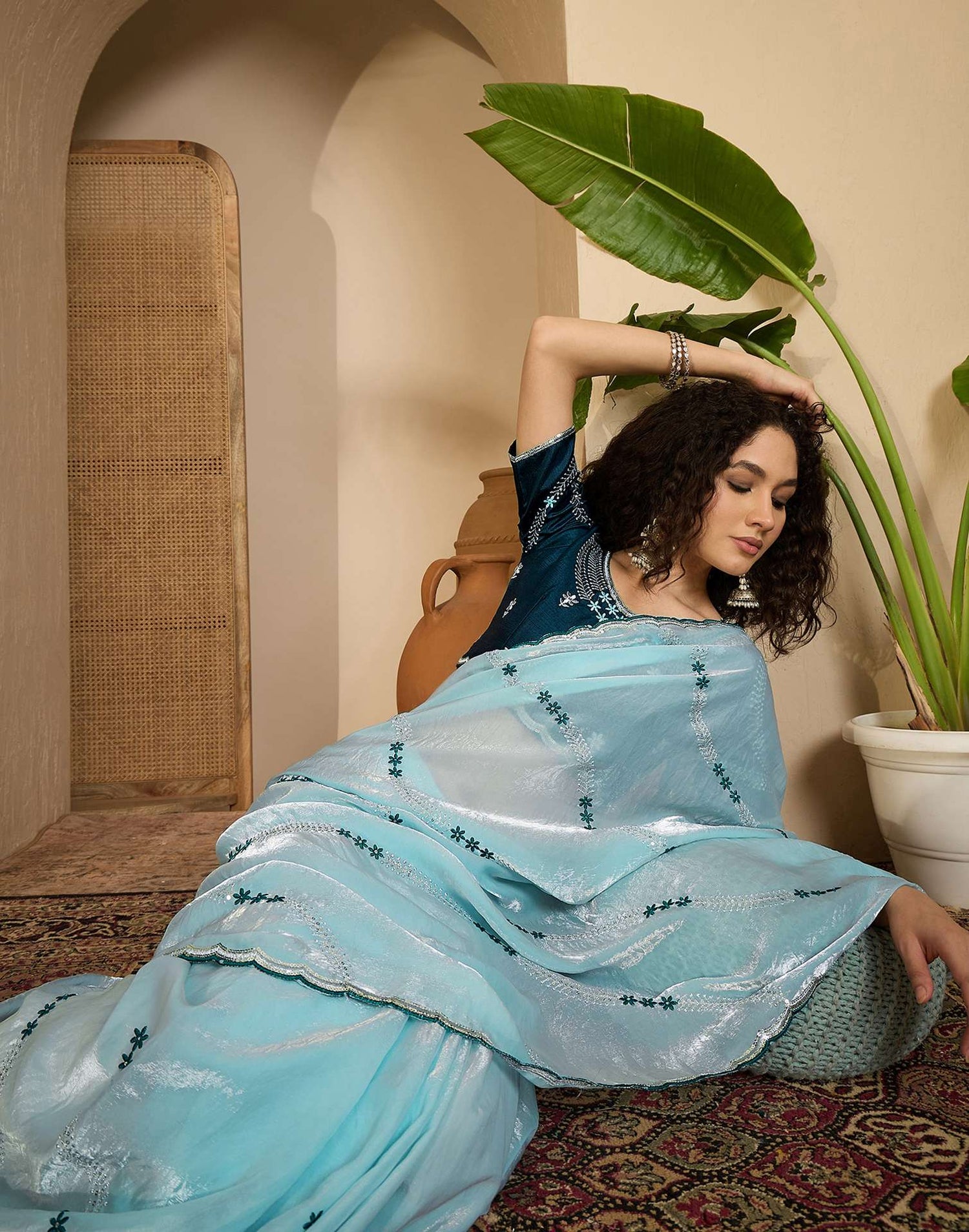 Sky Blue Shimmer Tissue Sequence Embroidery saree