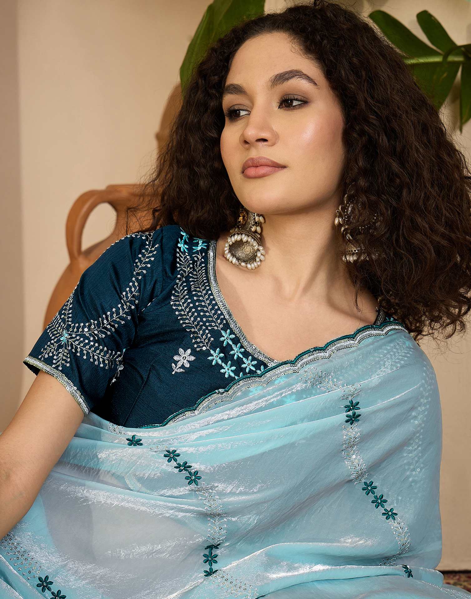 Sky Blue Shimmer Tissue Sequence Embroidery saree