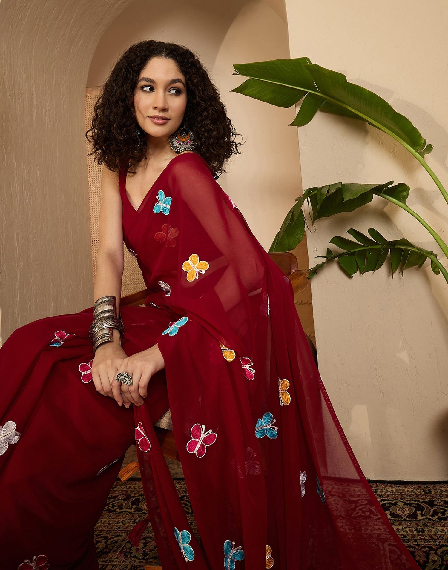Maroon Georgette Embroidery saree