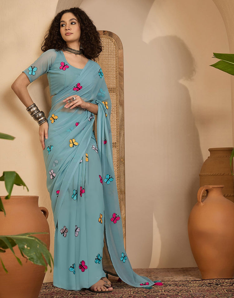 Light Blue Georgette Embroidery saree