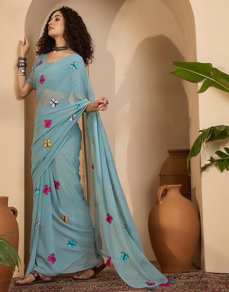 Light Blue Georgette Embroidery saree