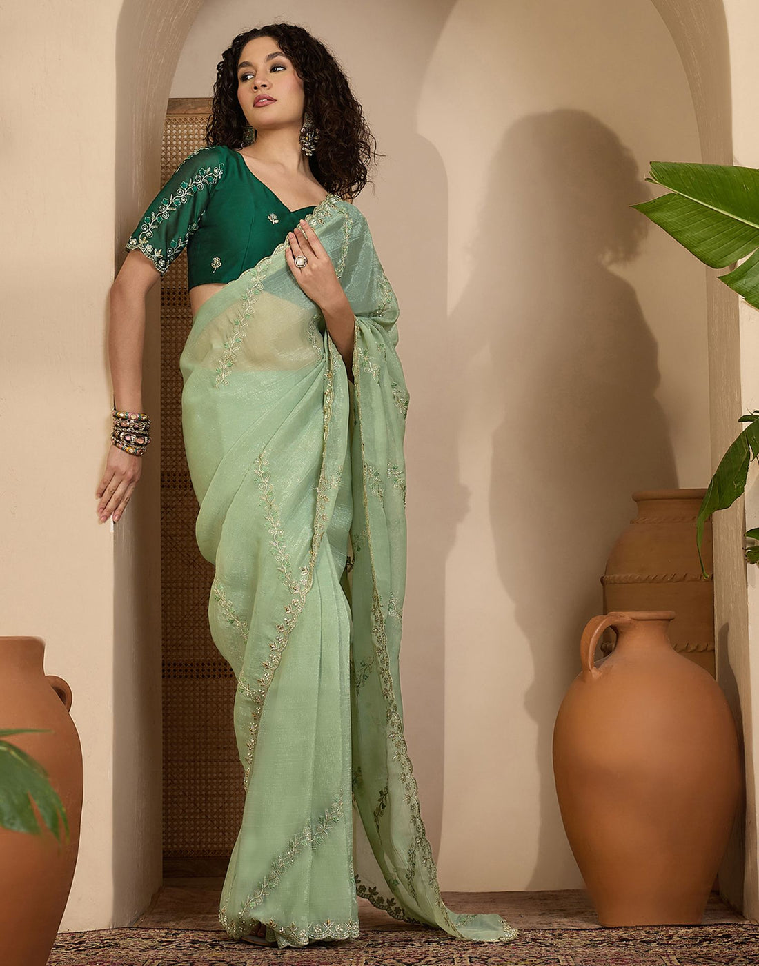 Pista Green Shimmer Chiffon Sequence Embroidery saree