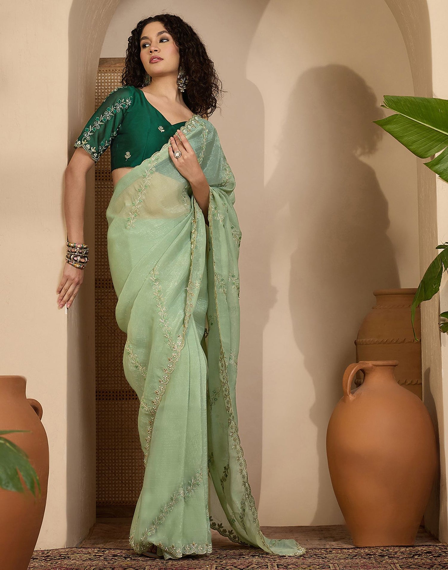 Pista Green Shimmer Chiffon Sequence Embroidery saree