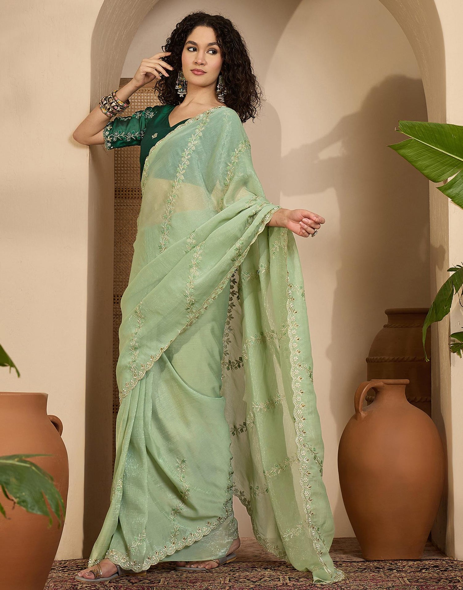 Pista Green Shimmer Chiffon Sequence Embroidery saree