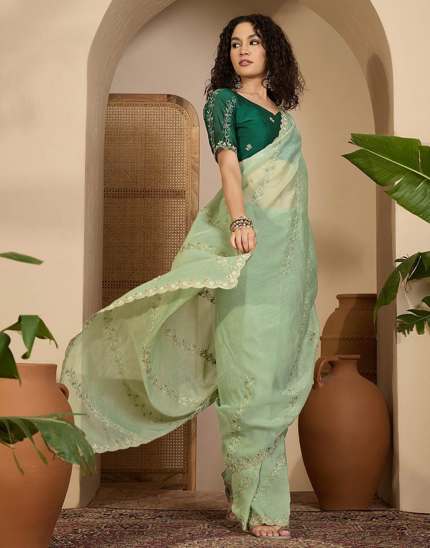 Pista Green Shimmer Chiffon Sequence Embroidery saree