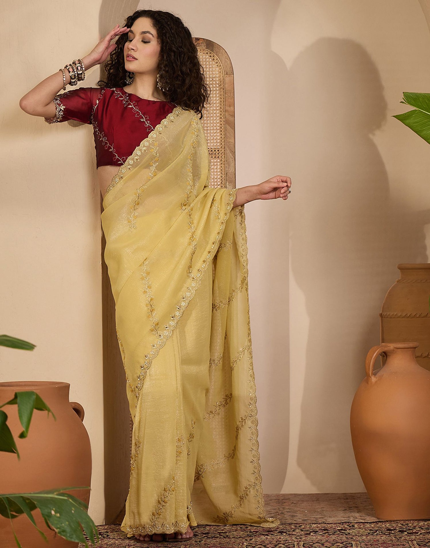 Light Yellow Shimmer Chiffon Sequence Embroidery saree
