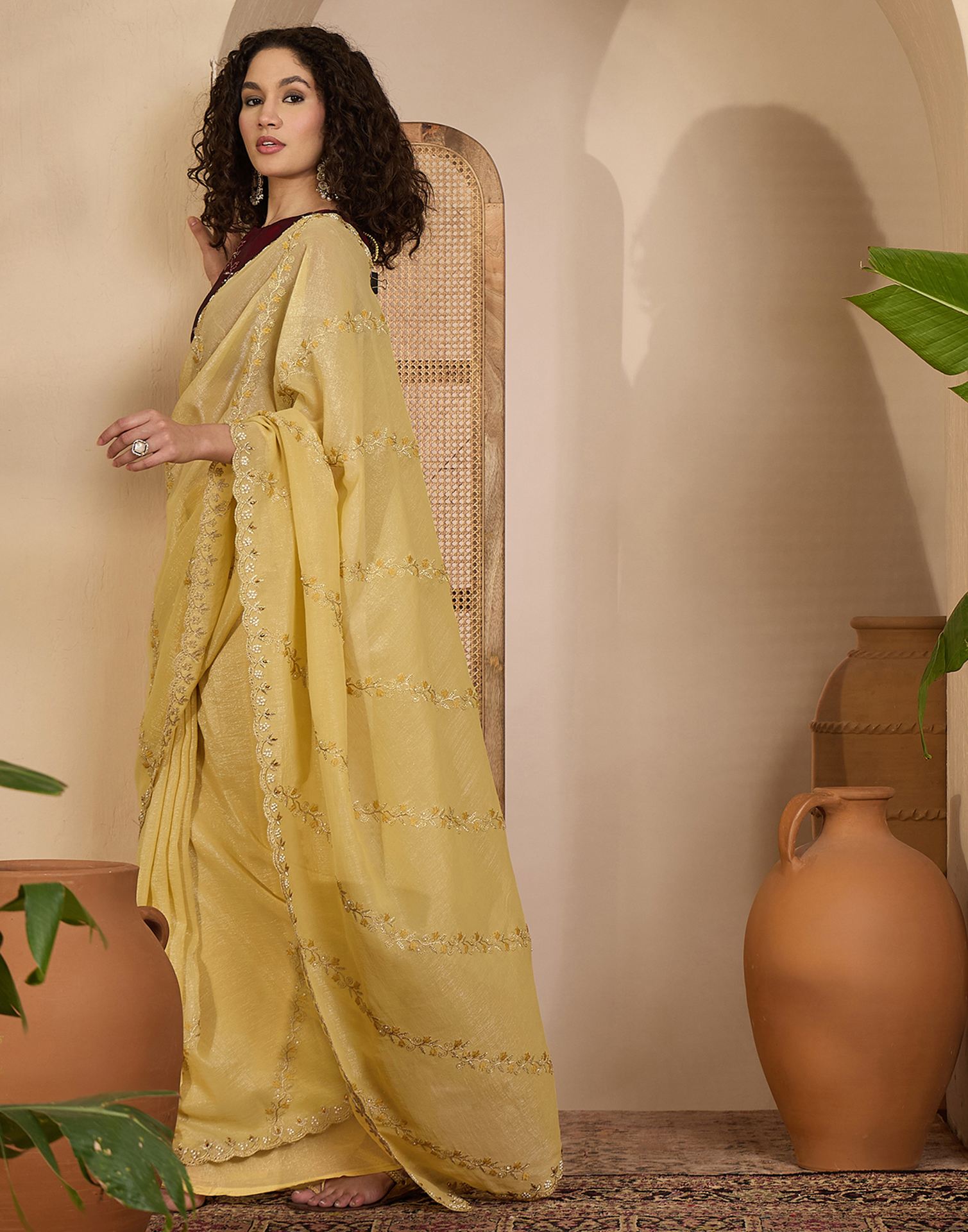 Light Yellow Shimmer Chiffon Sequence Embroidery saree