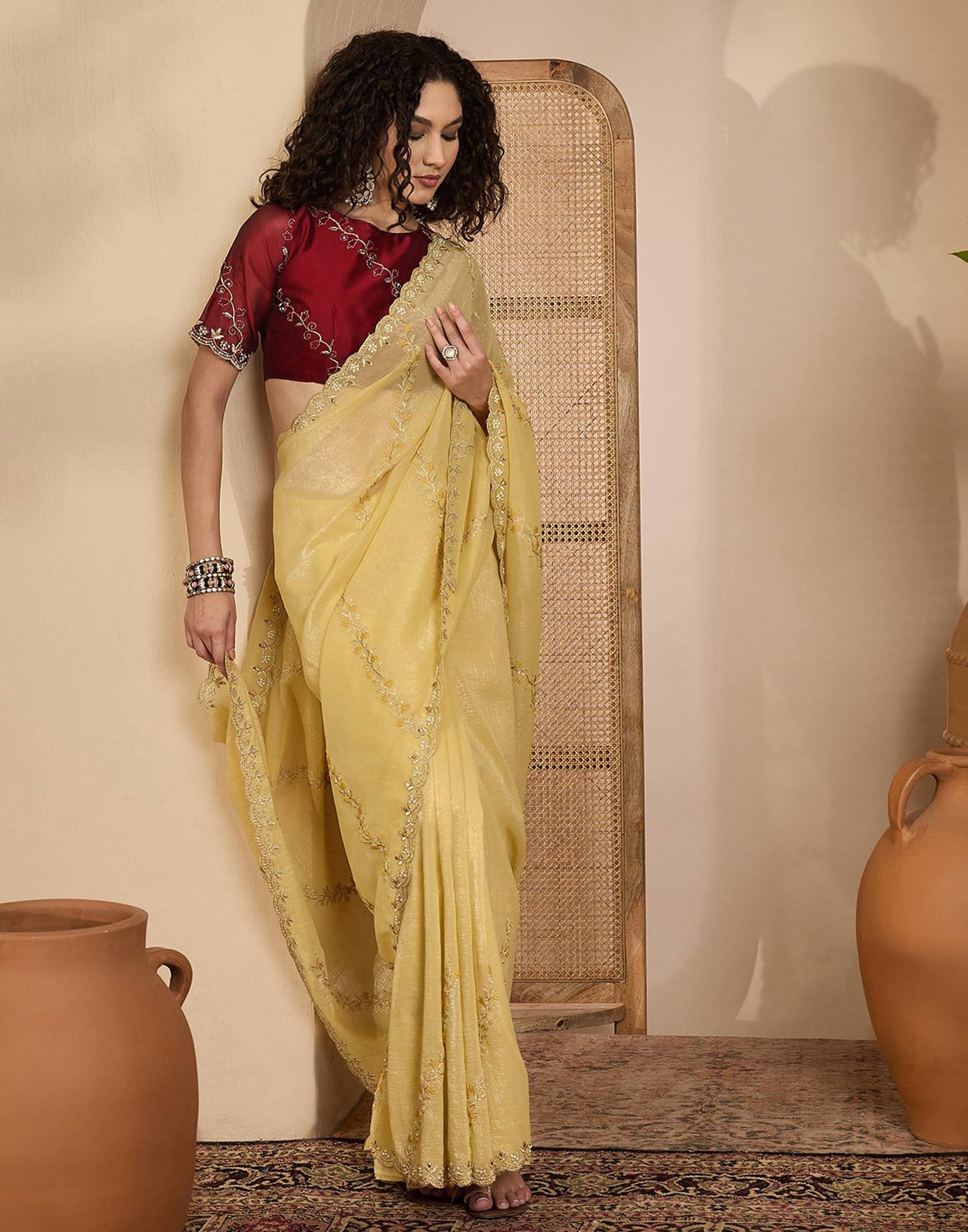 Light Yellow Shimmer Chiffon Sequence Embroidery saree