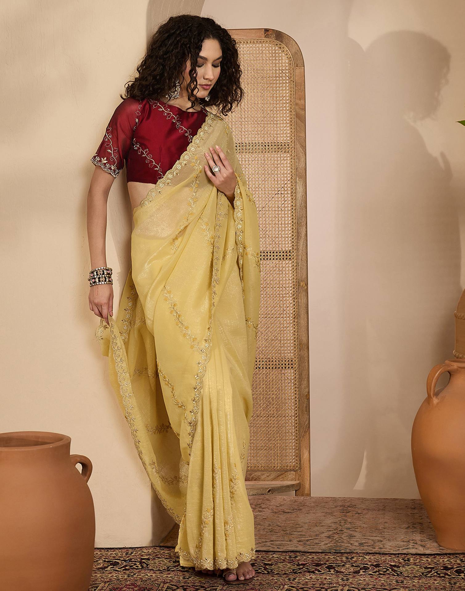 Light Yellow Shimmer Chiffon Sequence Embroidery saree