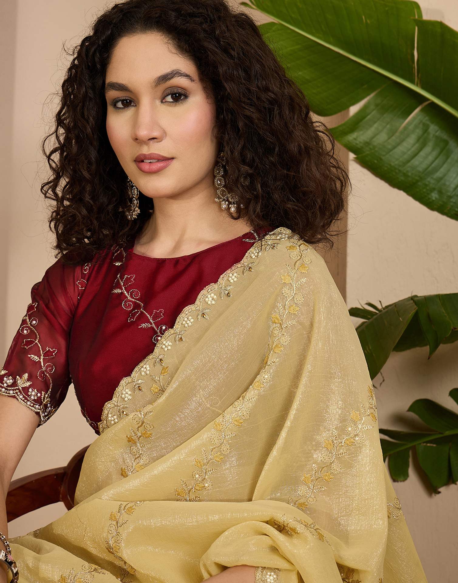 Light Yellow Shimmer Chiffon Sequence Embroidery saree