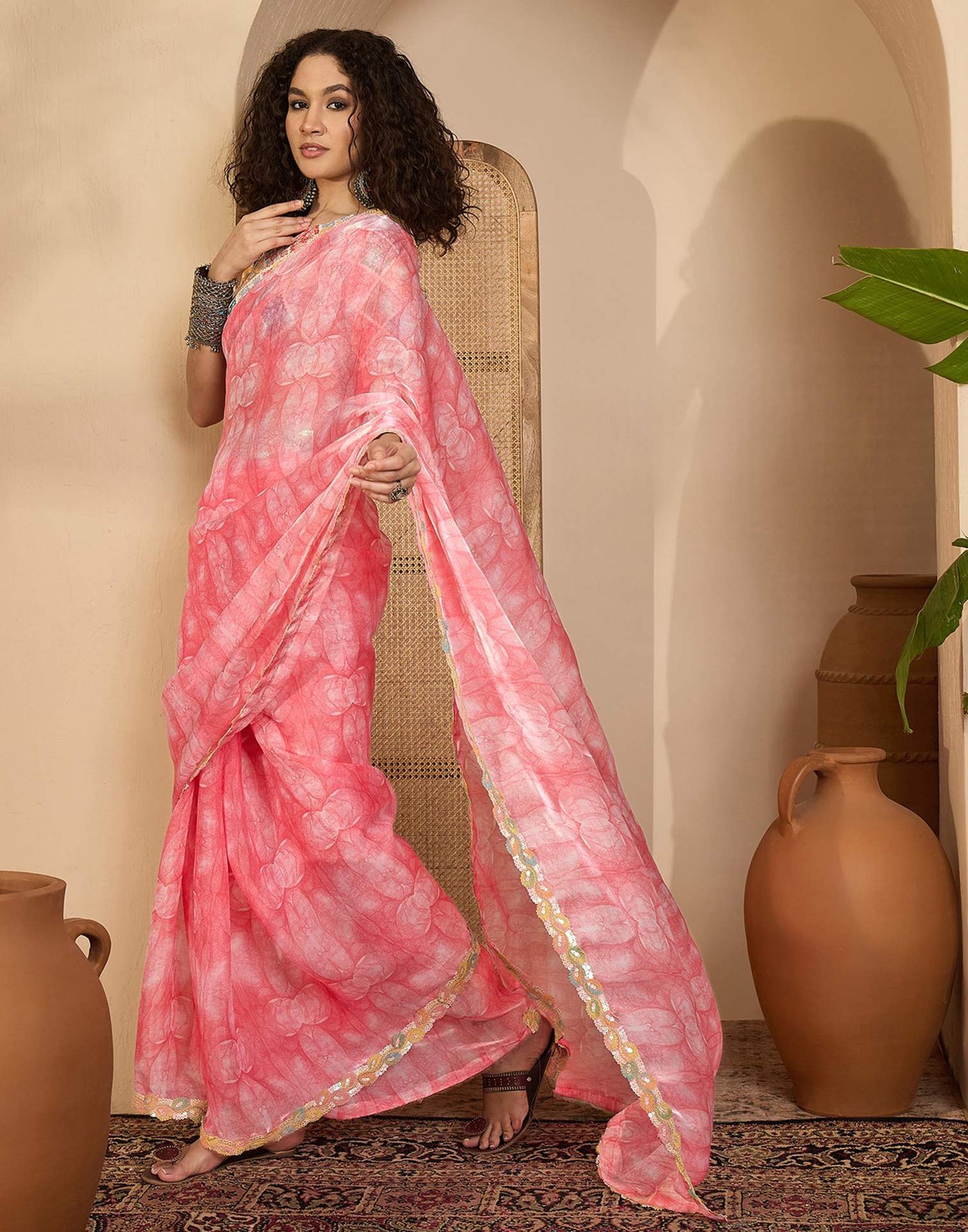 Pink Shimmer Tissue Printed Lace saree