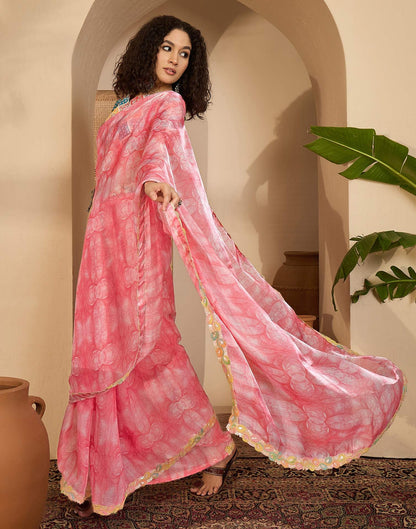 Pink Shimmer Tissue Printed Lace saree