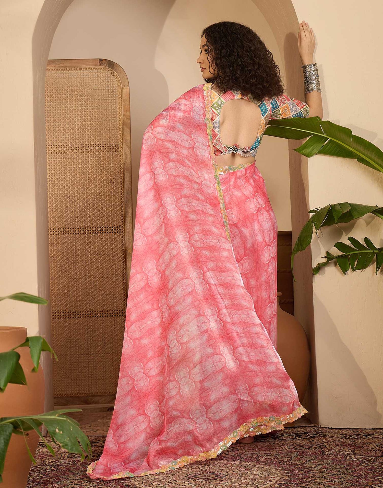 Pink Shimmer Tissue Printed Lace saree