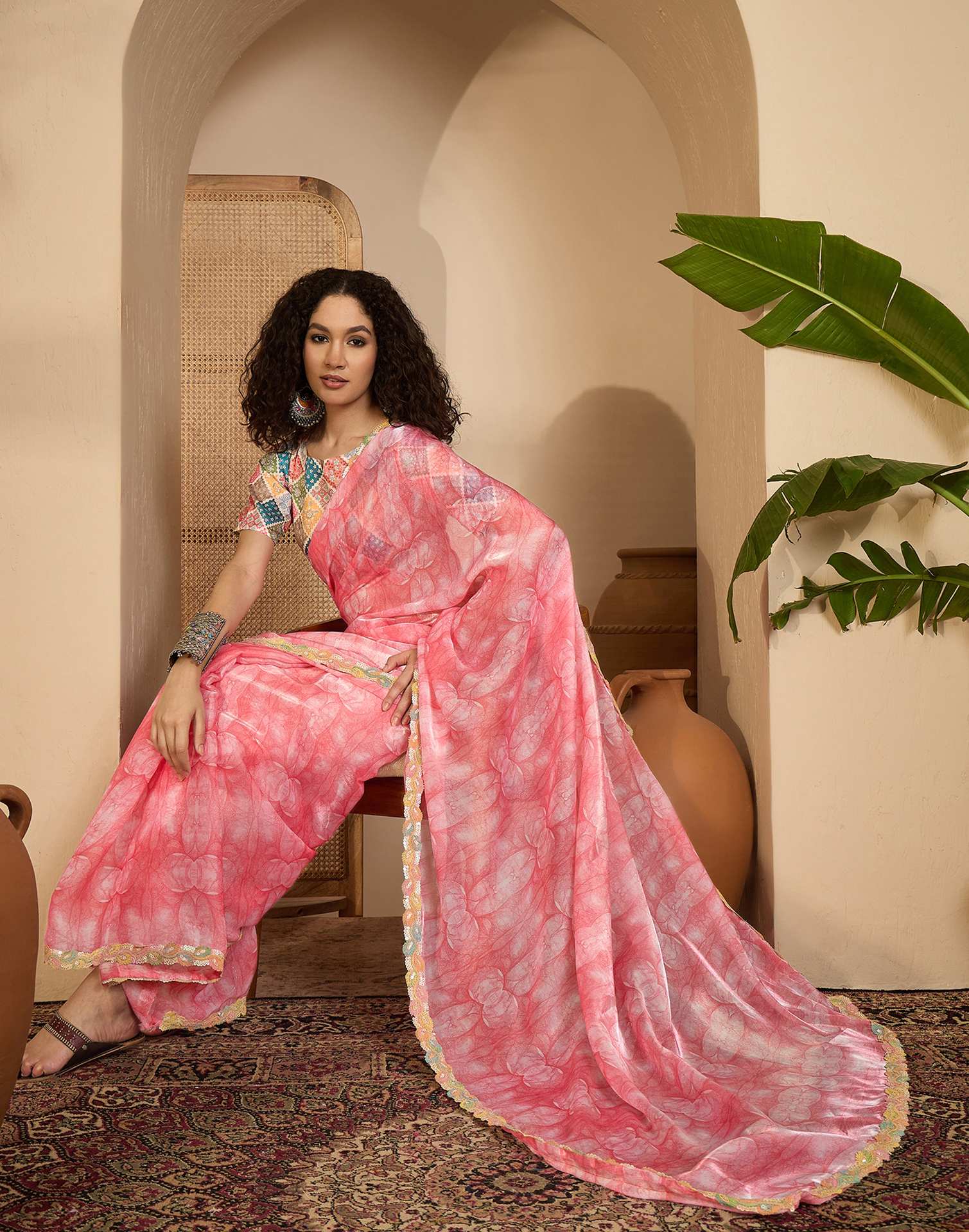 Pink Shimmer Tissue Printed Lace saree