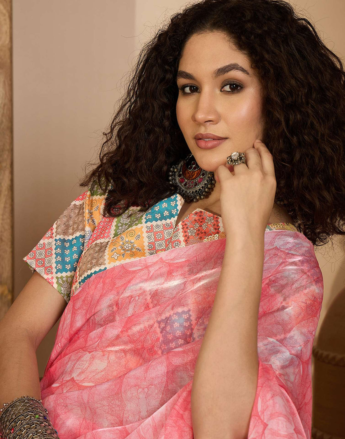 Pink Shimmer Tissue Printed Lace saree