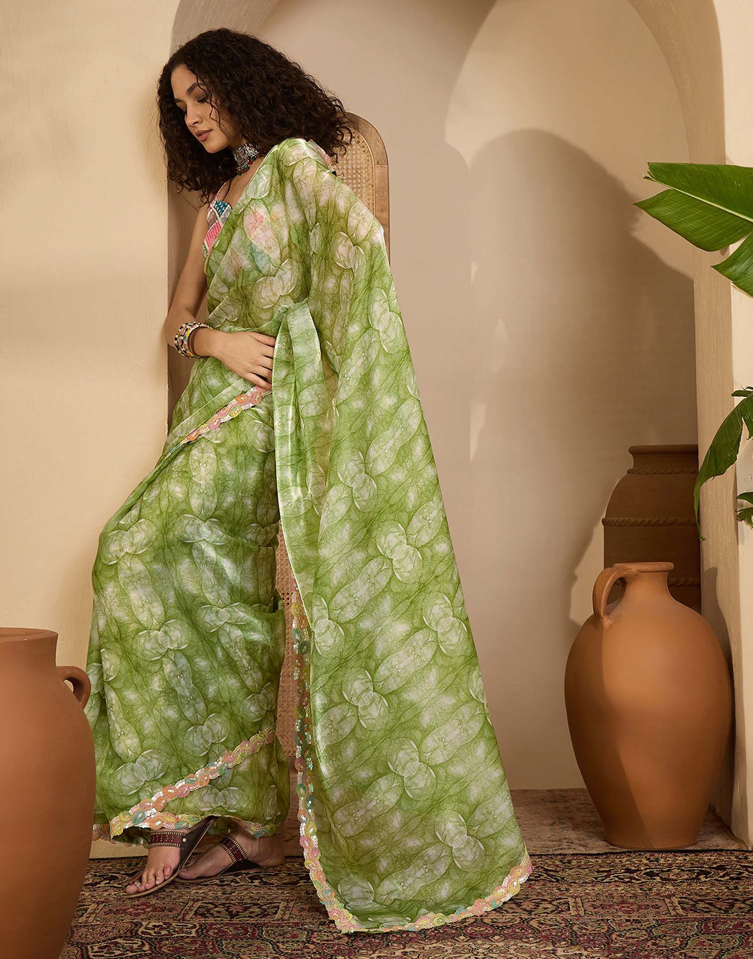 Green Shimmer Tissue Printed Lace saree