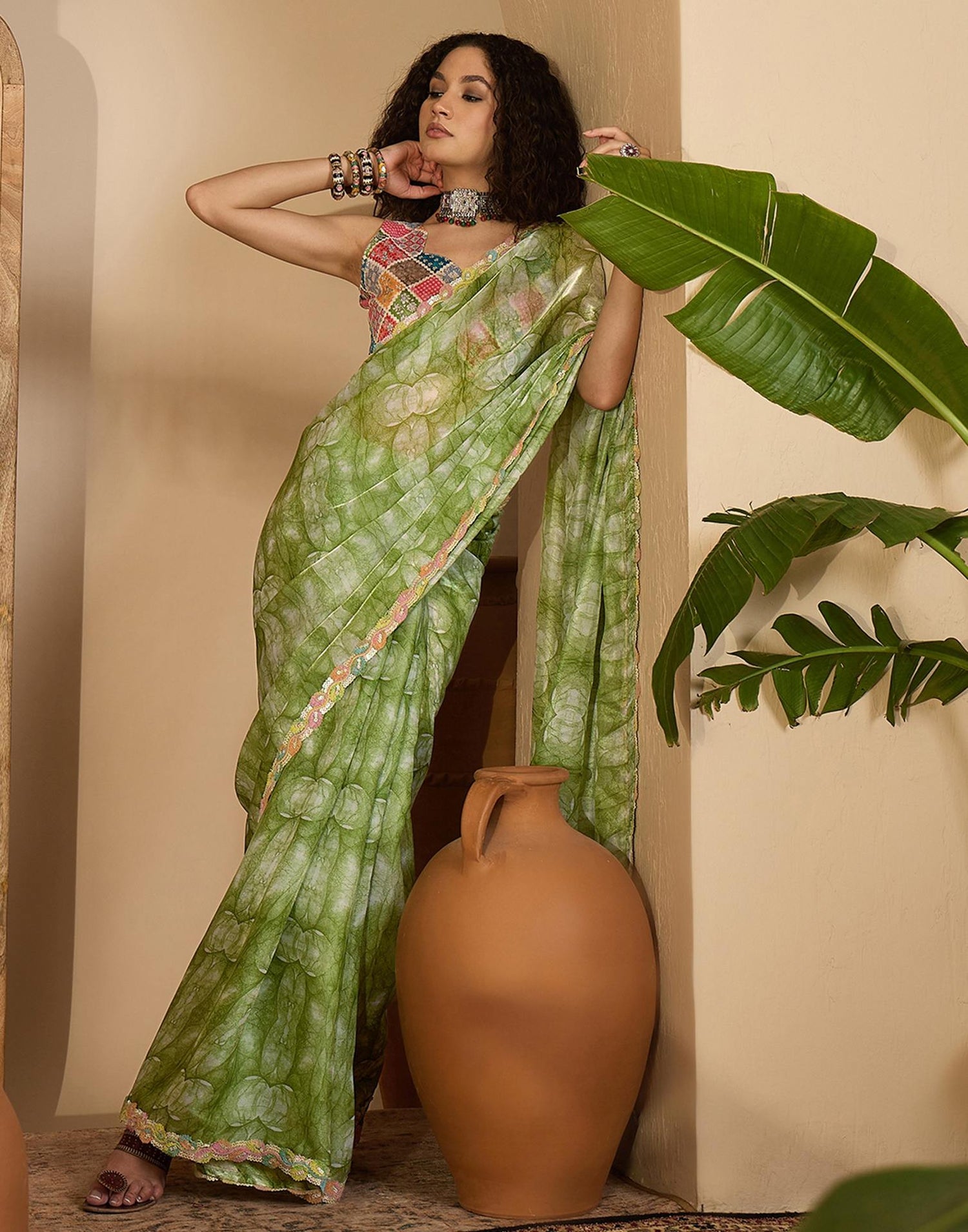 Green Shimmer Tissue Printed Lace saree