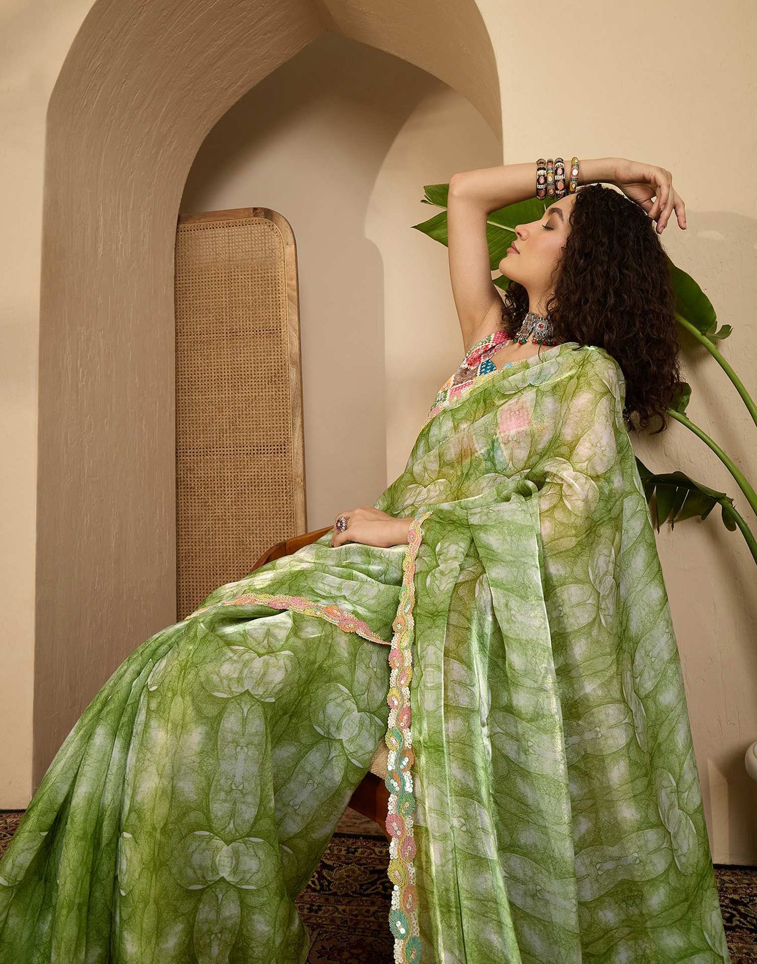 Green Shimmer Tissue Printed Lace saree