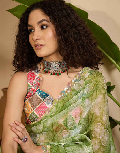 Green Shimmer Tissue Printed Lace saree