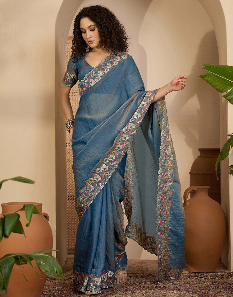 Dusty Blue Shimmer Sequence Embroidery Saree