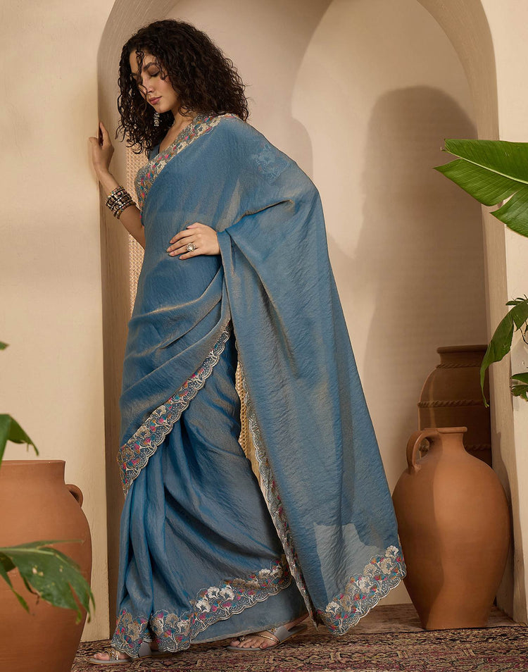Dusty Blue Shimmer Sequence Embroidery Saree