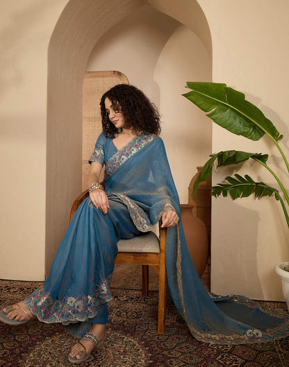 Dusty Blue Shimmer Sequence Embroidery Saree