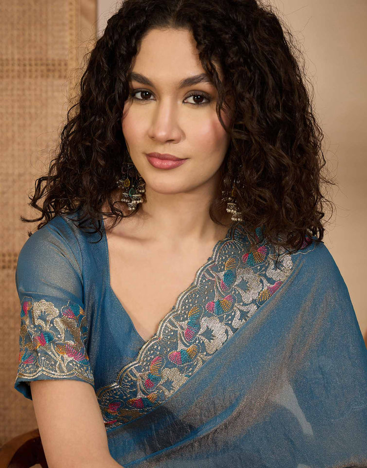 Dusty Blue Shimmer Sequence Embroidery Saree