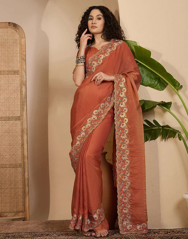 Orange Shimmer Sequence Embroidery Saree