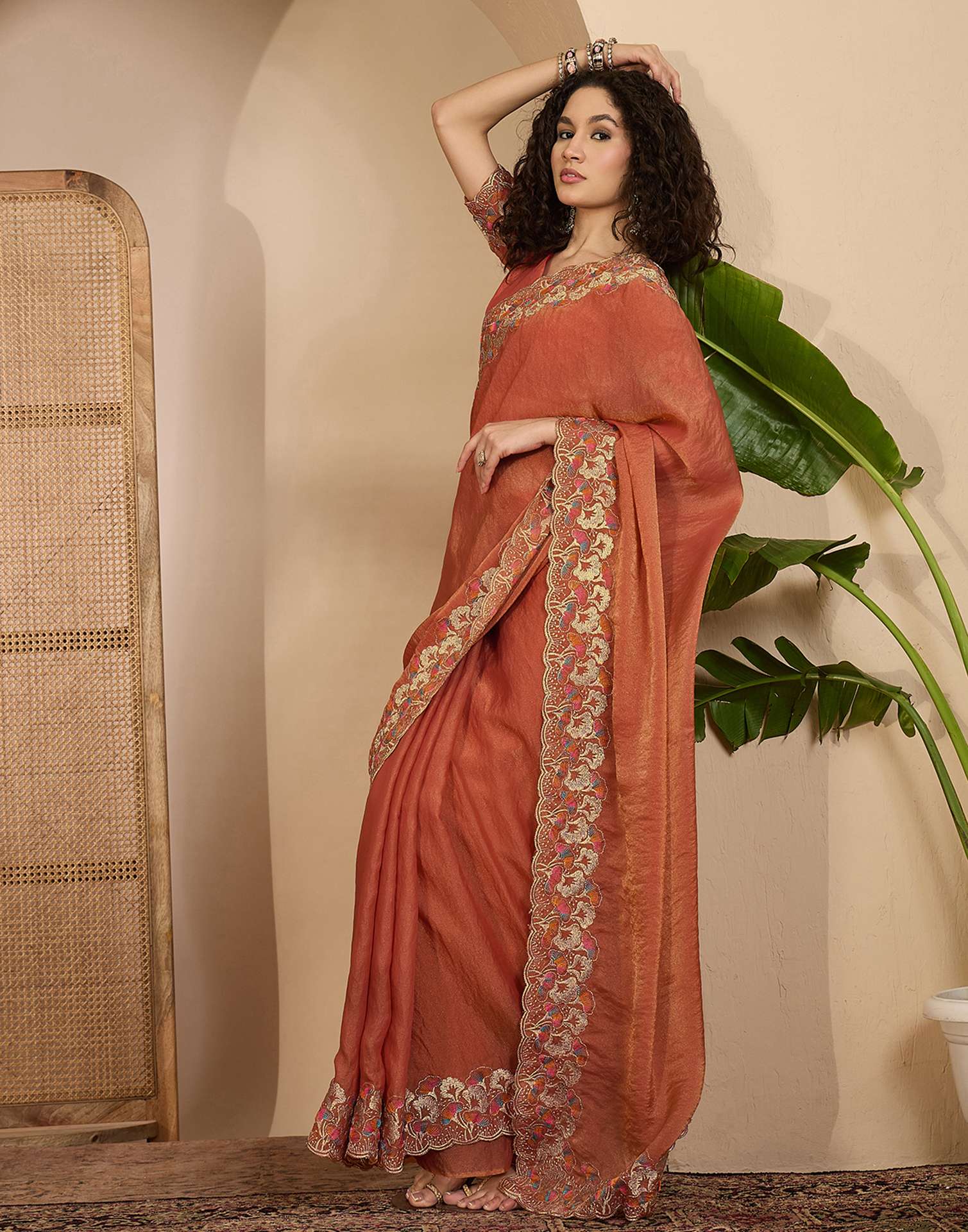 Orange Shimmer Sequence Embroidery Saree