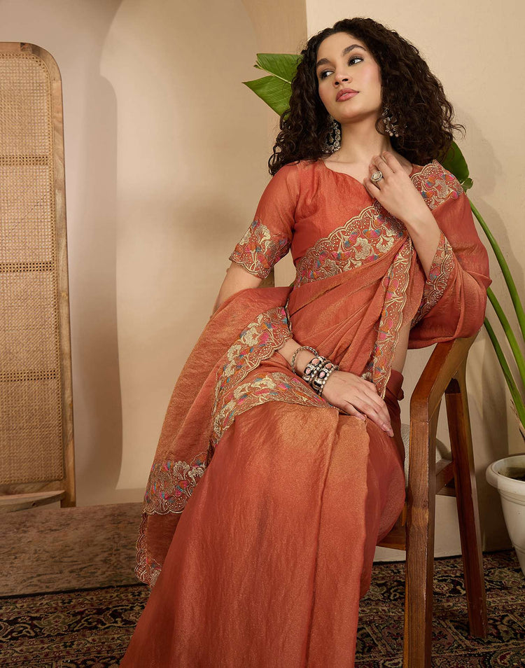 Orange Shimmer Sequence Embroidery Saree