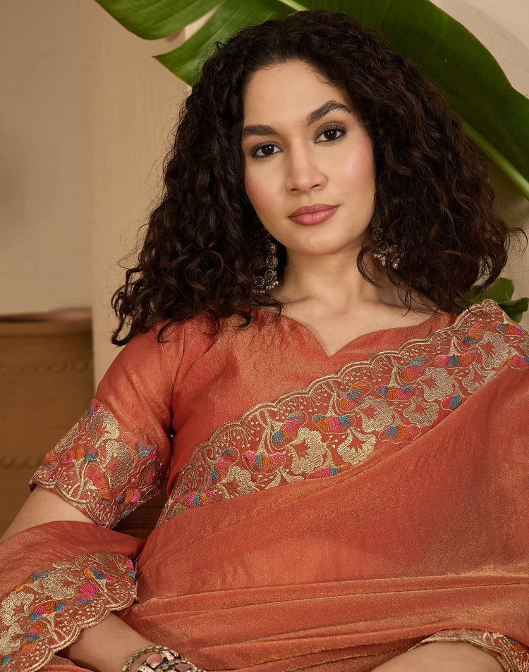 Orange Shimmer Sequence Embroidery Saree