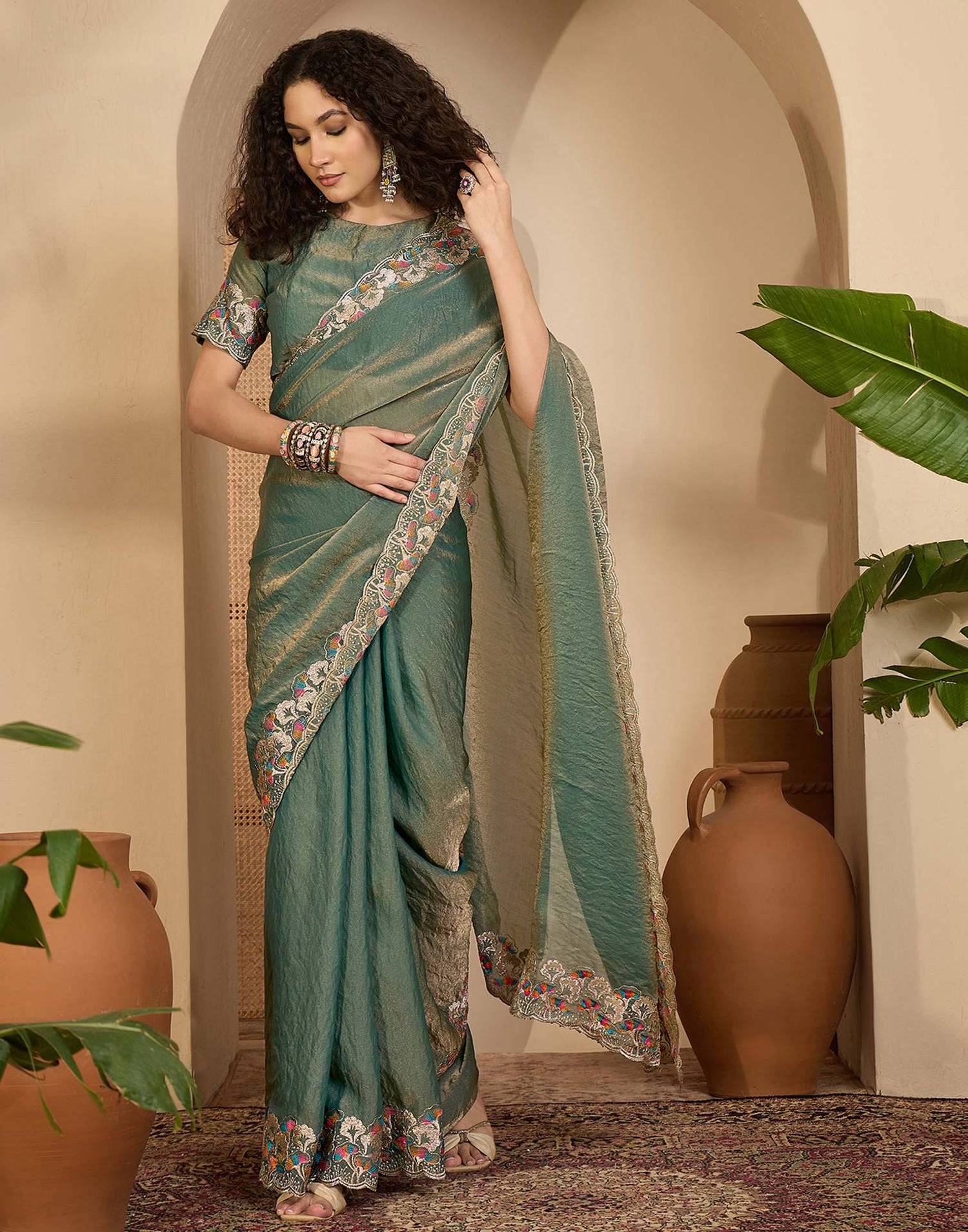Sage Green Shimmer Sequence Embroidery Saree