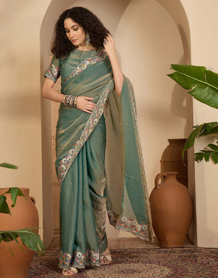 Sage Green Shimmer Sequence Embroidery Saree