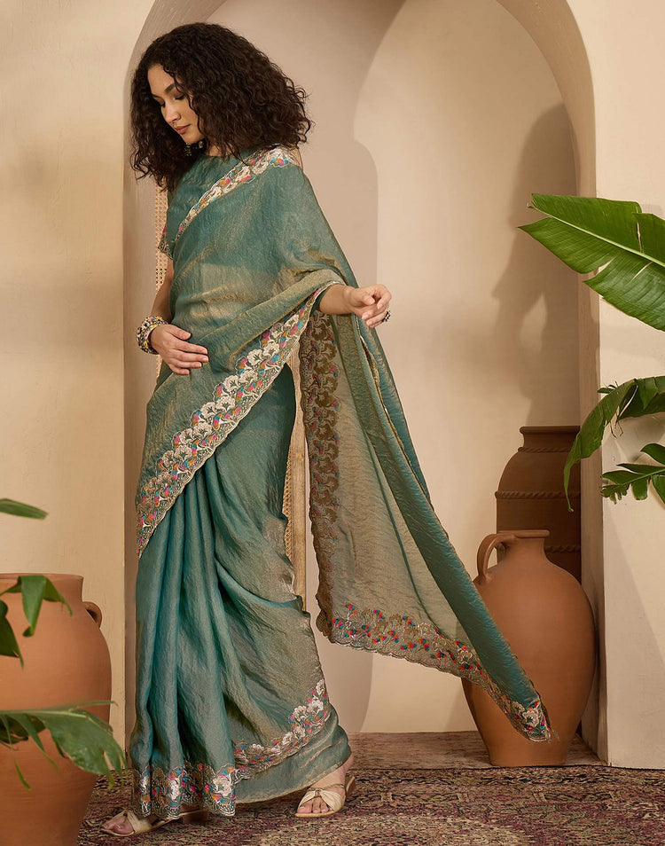 Sage Green Shimmer Sequence Embroidery Saree