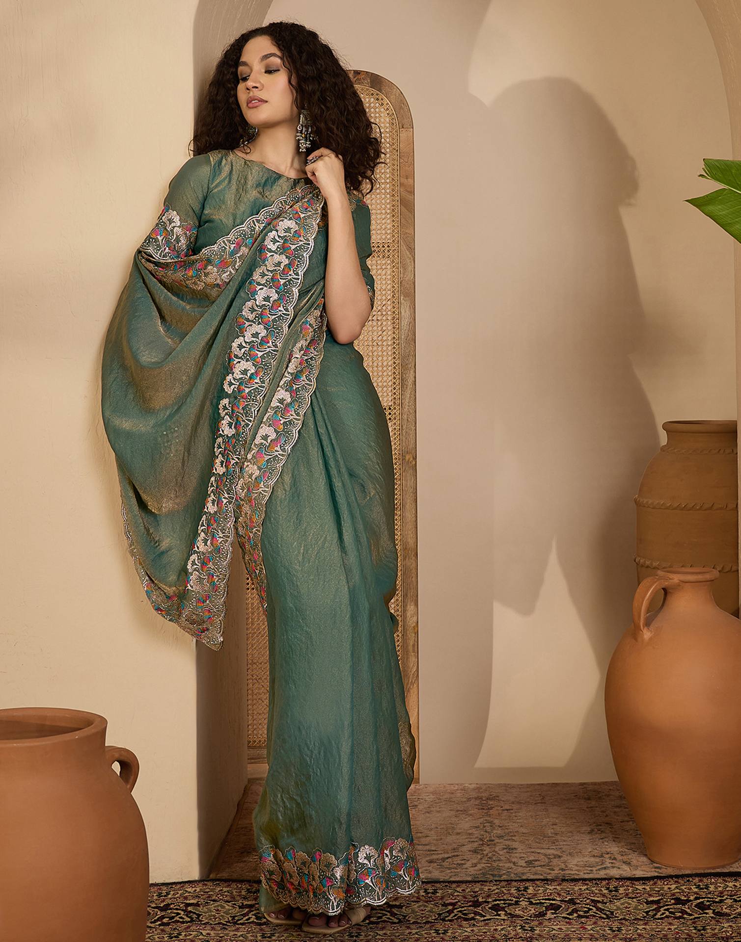 Sage Green Shimmer Sequence Embroidery Saree