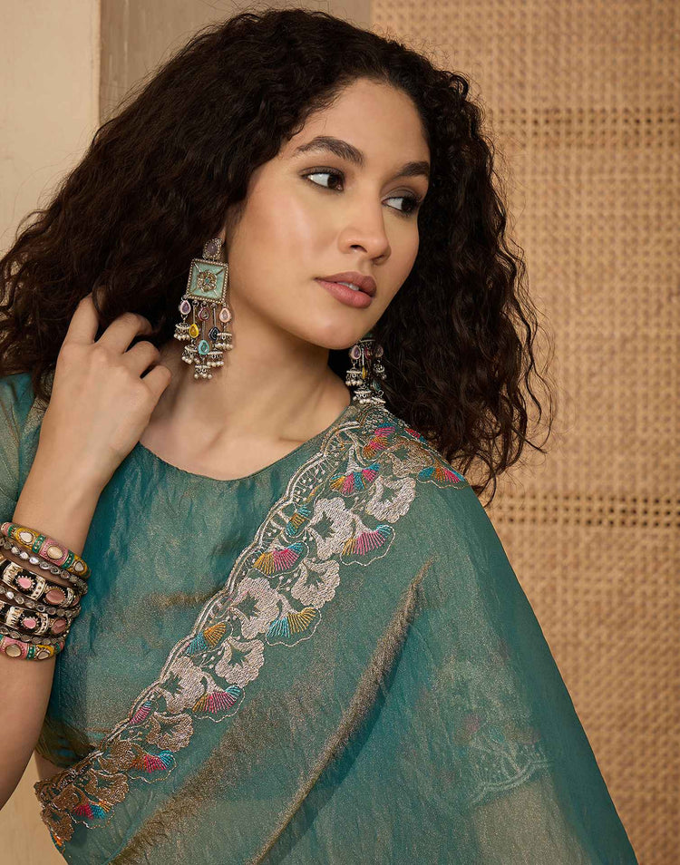 Sage Green Shimmer Sequence Embroidery Saree
