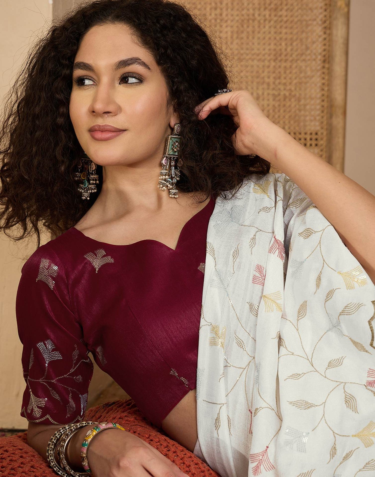 Off White Silk Sequence Embroidery Saree