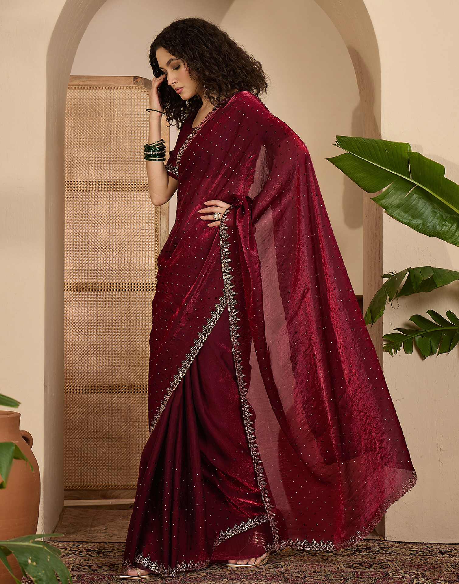 Maroon Shimmer Tissue Stone Work Swarovski saree