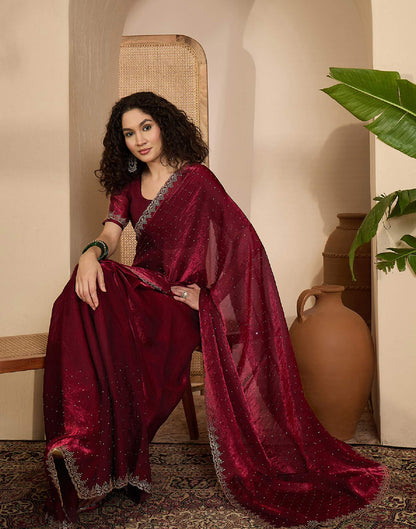 Maroon Shimmer Tissue Stone Work Swarovski saree