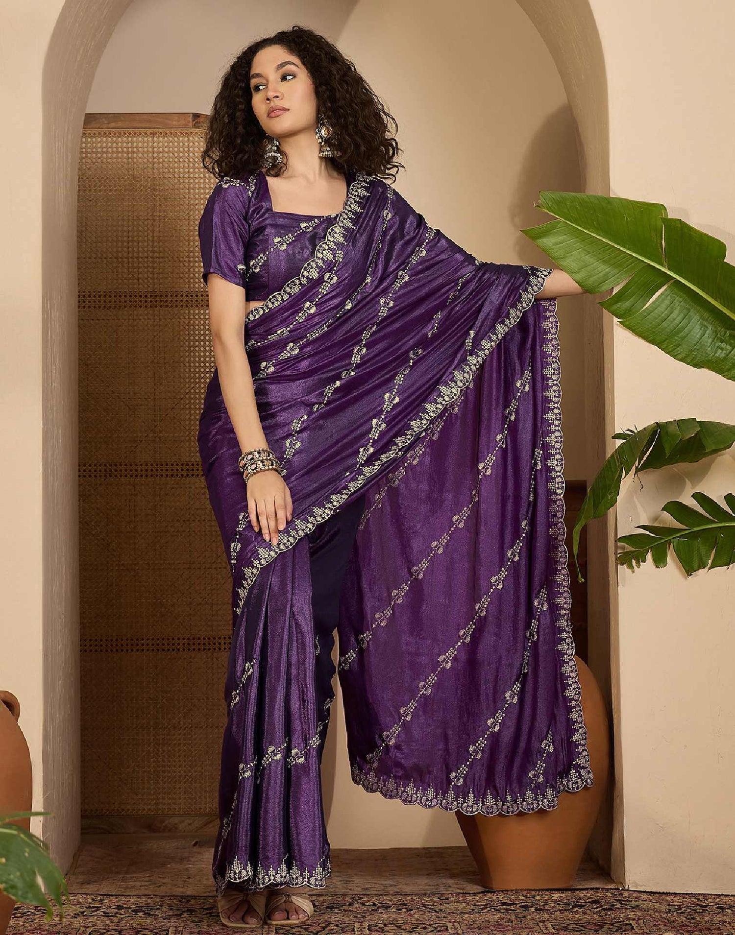 Dark Purple Georgette Embroidery Saree