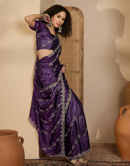 Dark Purple Georgette Embroidery Saree