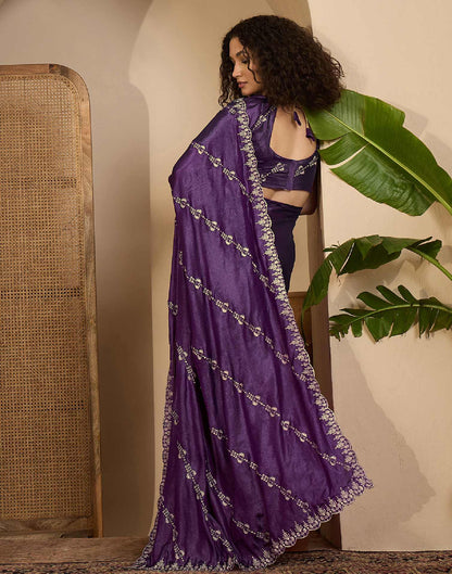 Dark Purple Georgette Embroidery Saree