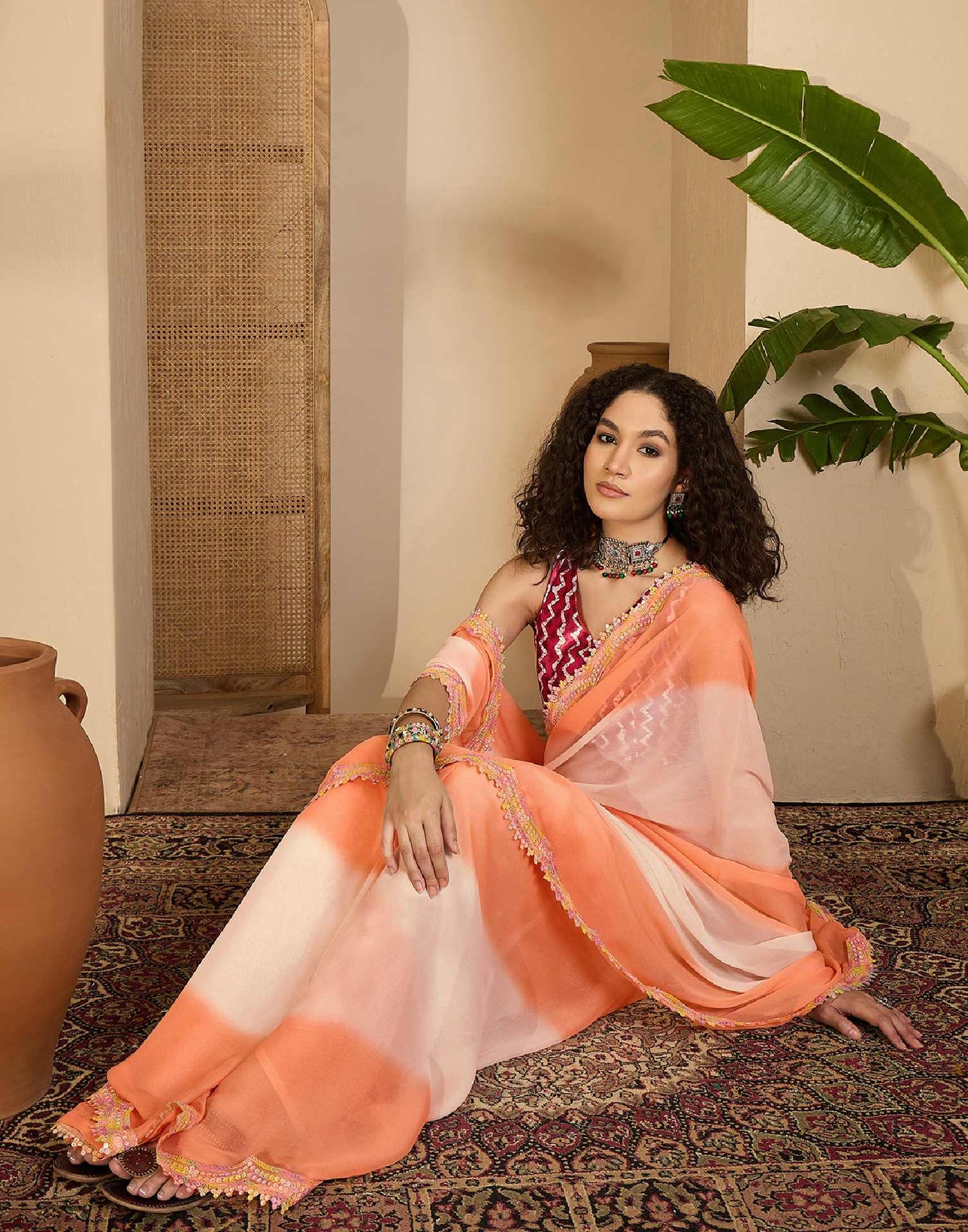 Light Peach Shimmer Georgette Sequence Lace saree