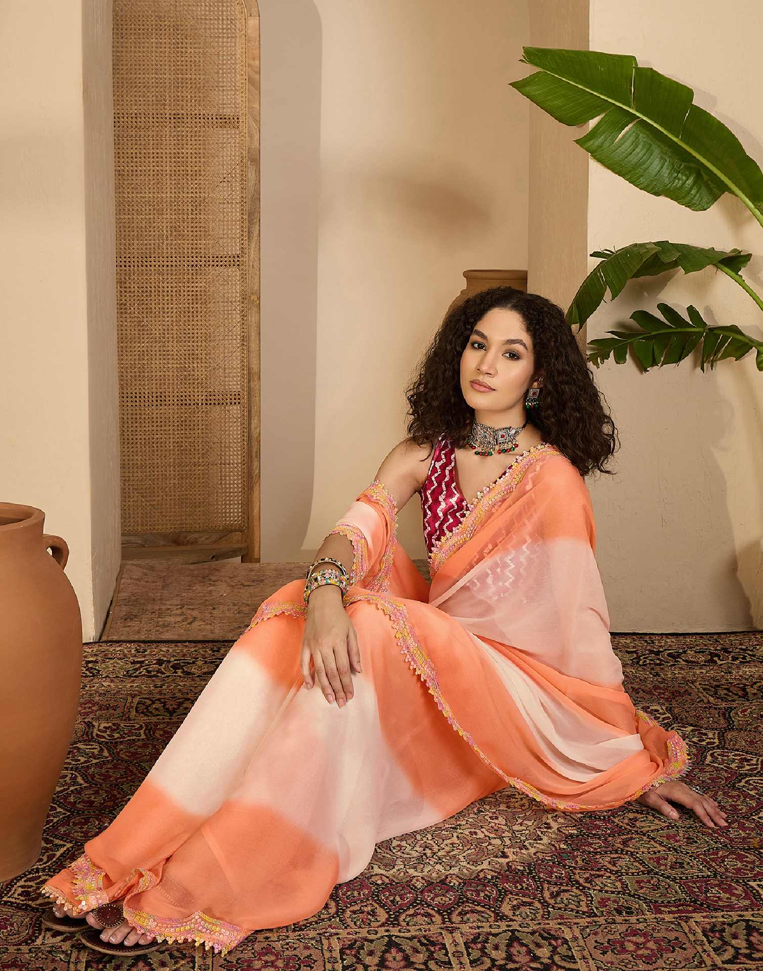 Light Peach Shimmer Georgette Sequence Lace saree