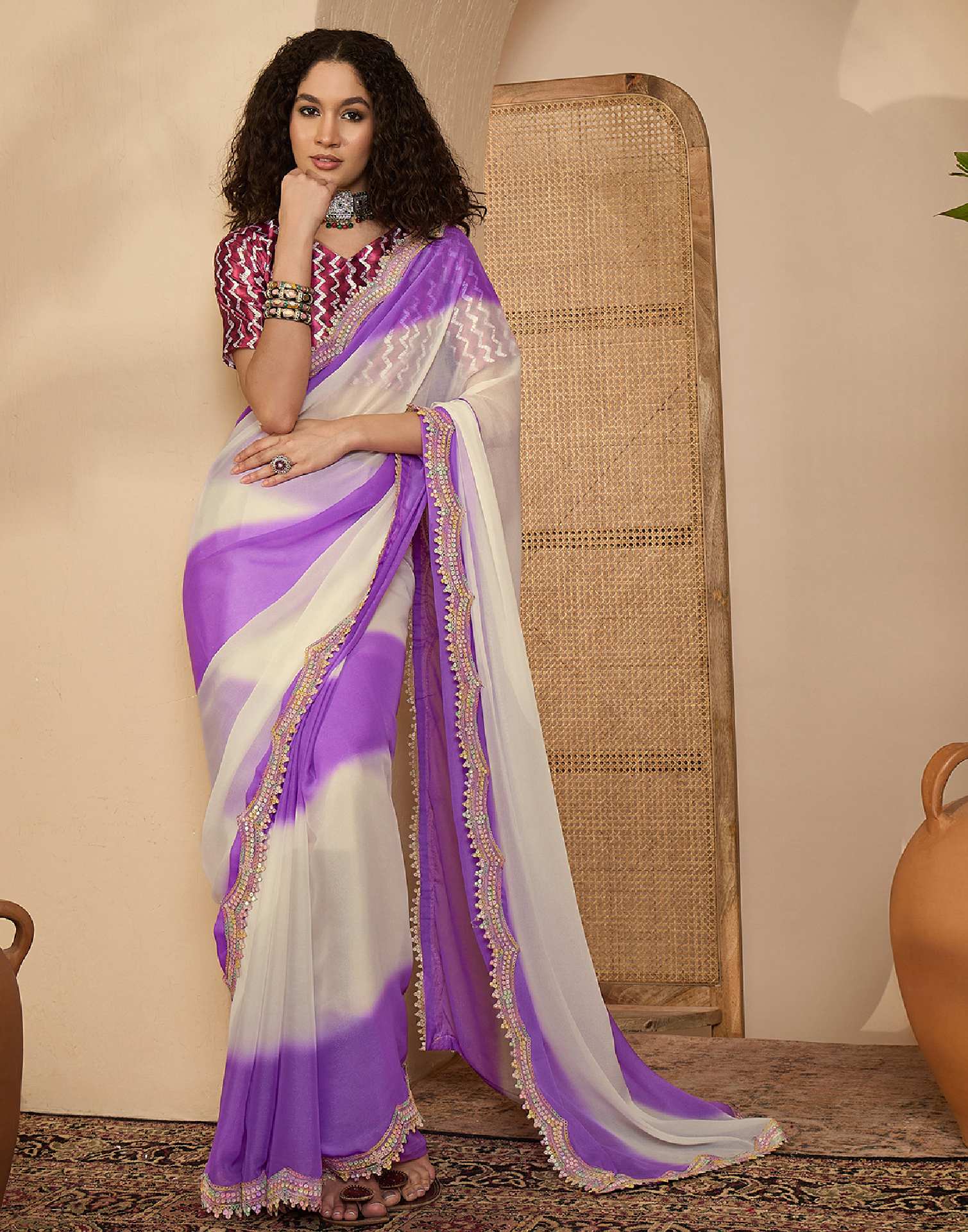 Violet Shimmer Georgette Sequence Lace saree