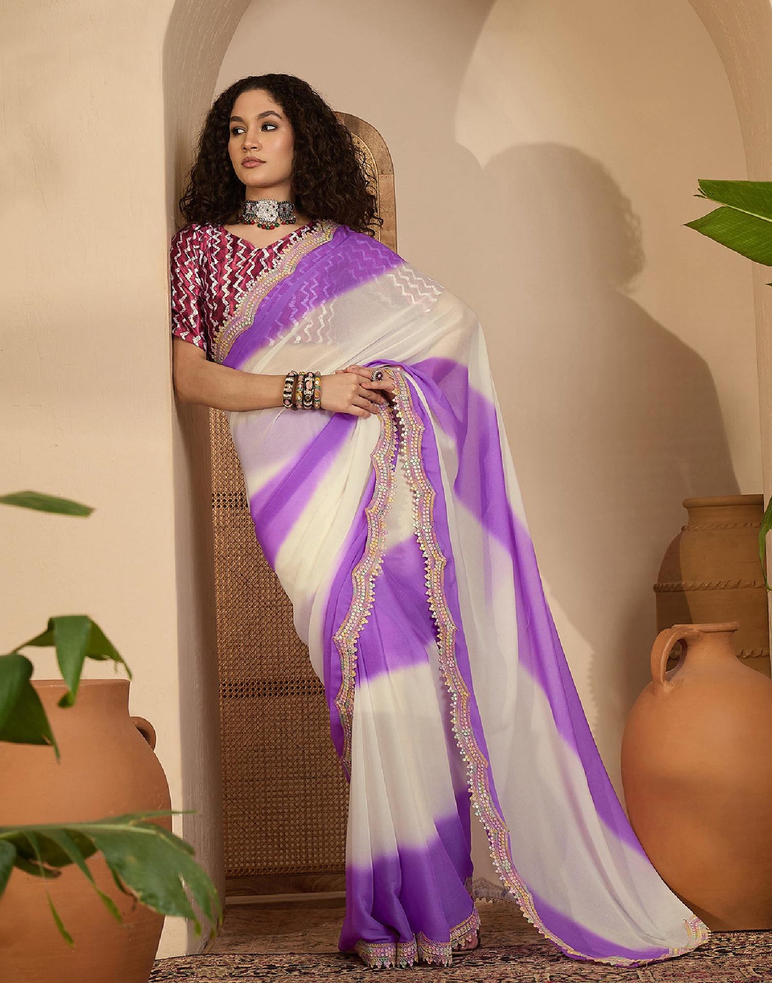Violet Shimmer Georgette Sequence Lace saree