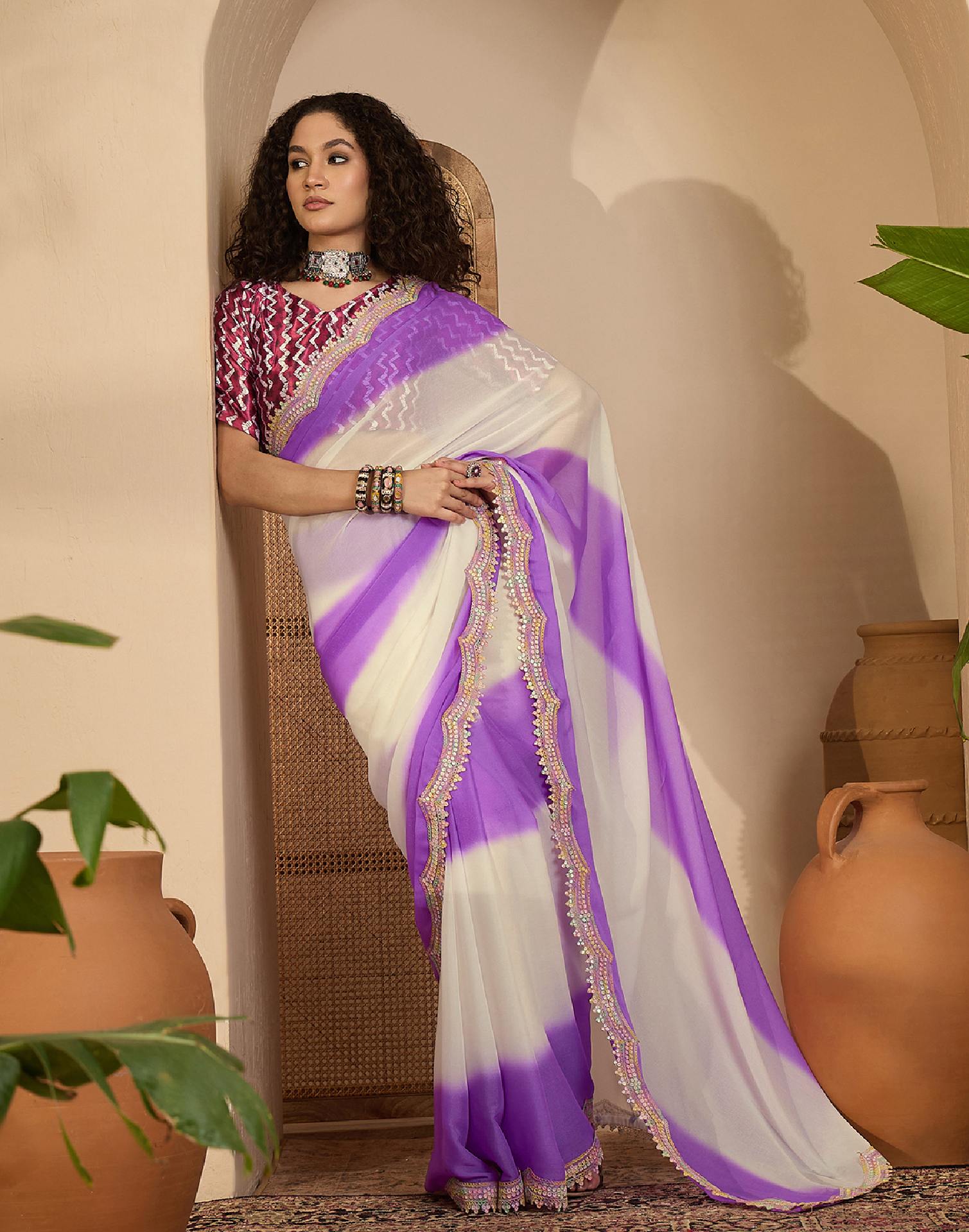 Violet Shimmer Georgette Sequence Lace saree
