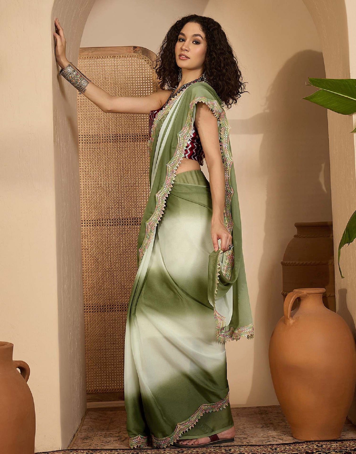 Olive Green Shimmer Georgette Sequence Lace saree