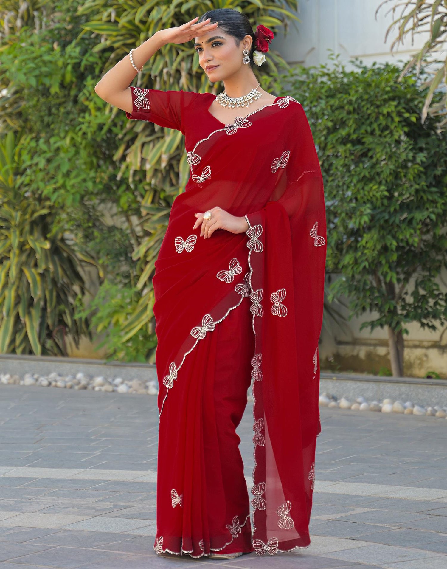 Red Georgette Stone Work Swarovski saree
